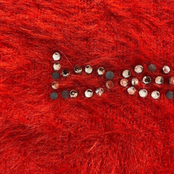 bebe Red Fuzzy Logo Sweater Size L Soft Long Sleeve Pullover - Picture 8 of 9